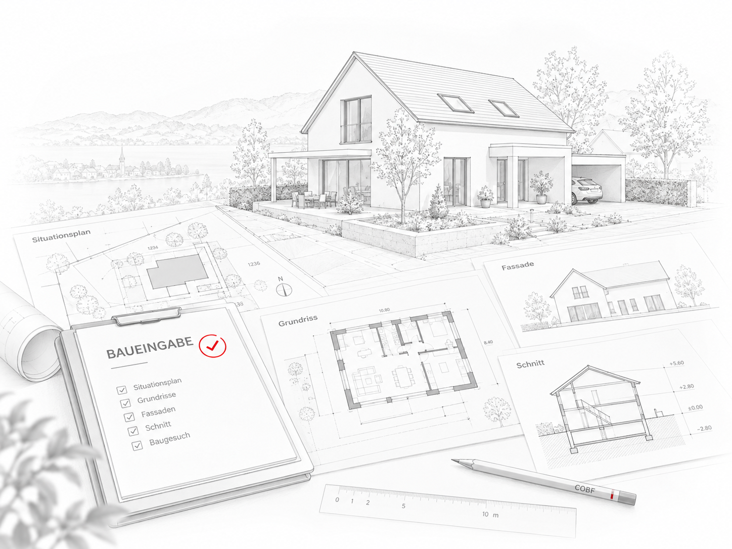 Architektur-Zeichnung eines Einfamilienhauses mit Situationsplan, Grundriss, Fassade, Schnitt und Baueingabe-Checkliste