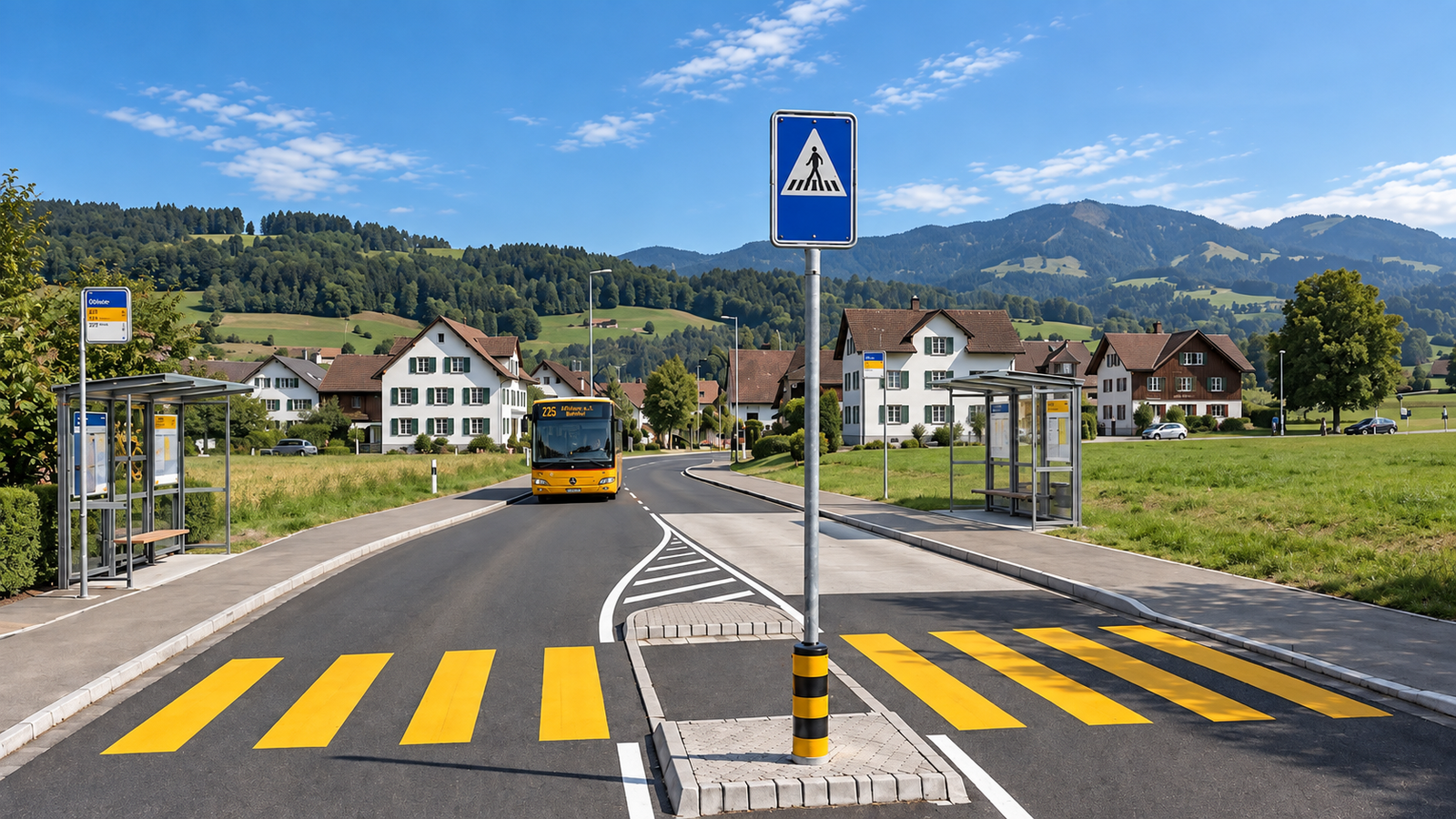Dorfstrasse mit PostAuto, Fussgängerstreifen und Schutzinsel in der Region Zürich